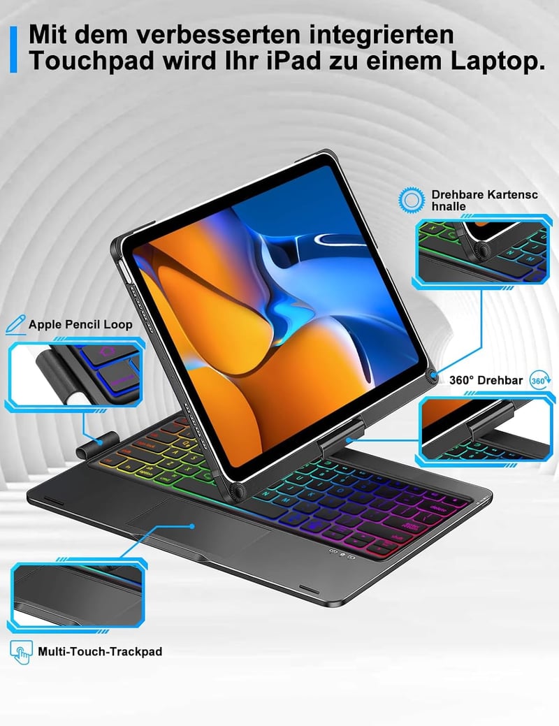 FOGARI iPad 10. Generációs Billentyűzetes Tok - Multi-Touch Trackpaddal, 7 Színű Háttérvilágítással, 10.9" Kompatibilis, QWERTZ Kiosztás, Fe