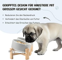 SPUNKYJUNKY 15° Dőlésszögű Kerámia Etetőtál Fa Állvánnyal - 2x400ml Szürke Kutyatál Lapos Orrú Kisállatok Számára, Csúszásmentes 2