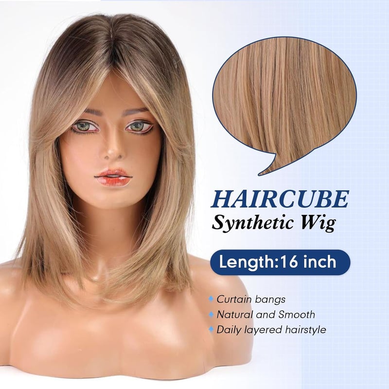 HAIRCUBE Női Paróka 40 cm Ombre Világosbarna Frufruval - Hullámos Szintetikus Paróka Hétköznapi és Cosplay Használatra