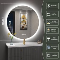 S'bagno 60 cm Kerek LED Fürdőszobai Tükör - Érintésérzékelős, Fényerőszabályozós, Színváltós Világítással és Bluetooth Hangszóróval 2