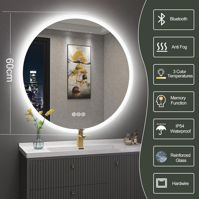 S'bagno 60 cm Kerek LED Fürdőszobai Tükör - Érintésérzékelős, Fényerőszabályozós, Színváltós Világítással és Bluetooth Hangszóróval