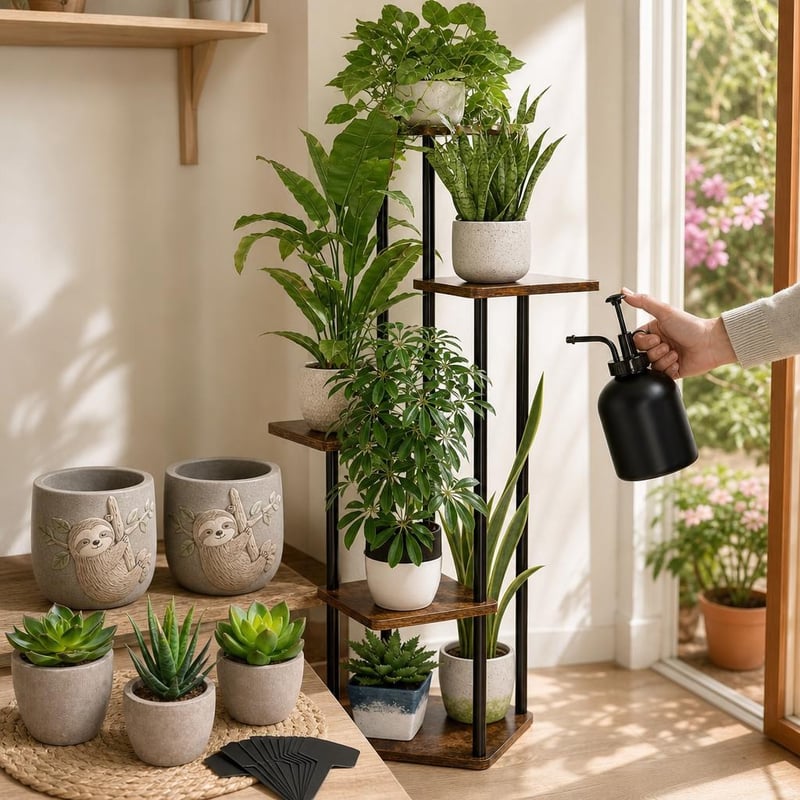 Pozsgás oázis indító: 3 db műpozsgás + 5 szintes állvány + permetező + 100 db címke + 2 db kerámiacserép