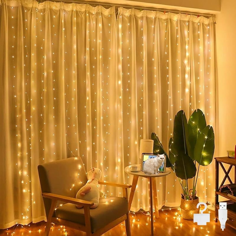 Bigzom LED Fényfüggöny 2x2m - 200 Meleg Fehér LED, USB, IP65 Vízálló, Beltéri/Kültéri Dekoráció Esküvőre, Karácsonyra, Valentin-napra 10 Aka
