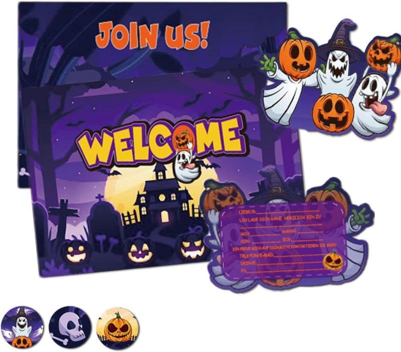 Lila Halloween Meghívó Szett 12 db Borítékkal és Címkékkel