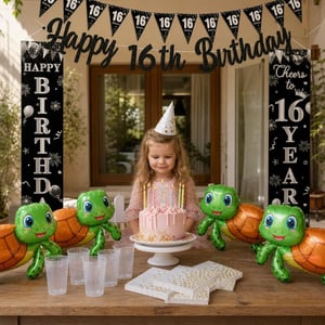 Set petrecere aniversară: 4 baloane țestoasă + ghirlandă + 50 pahare + 60 șervețele + lumânări