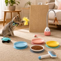 Pachet Starter Pisici: Zgardă AirTag + 2 jucării + covoraș sisal + 4 boluri ceramice + perie 1