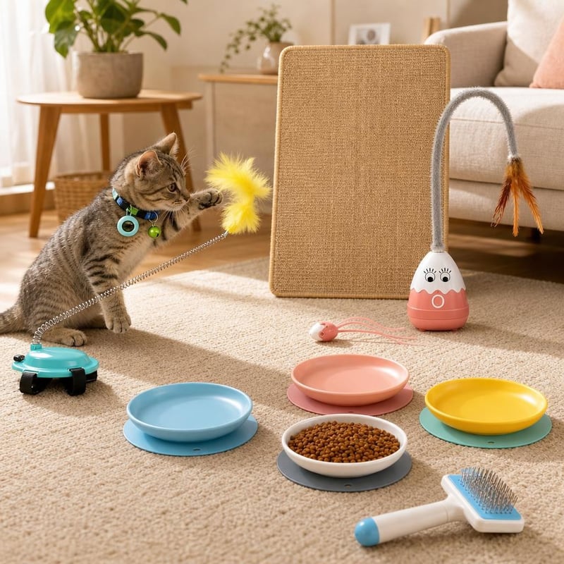 Pachet Starter Pisici: Zgardă AirTag + 2 jucării + covoraș sisal + 4 boluri ceramice + perie