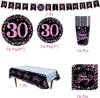 Fekete-rózsaszín 30. születésnapi partikellék szett 16 főre, 65 db-os 2