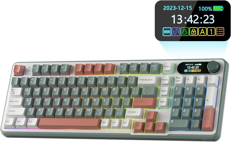 RK ROYAL KLUDGE S98 Mechanikus Billentyűzet Okos Kijelzővel, 96% Vezeték Nélküli, Bluetooth/2.4G/USB-C, Hot-Swap, Agyag Zöld - Clay Green