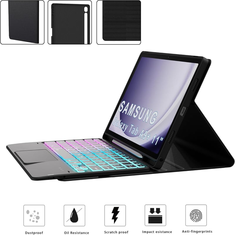 ROOFEI Samsung Galaxy Tab A9 Plus Tok QWERTZ Billentyűzettel - 7 Színű RGB Háttérvilágítás, Bluetooth, Levehető Billentyűzet Trackpaddal, 11