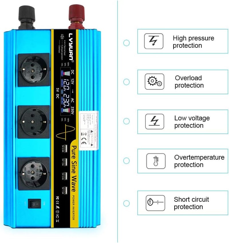 Tiszta szinuszos 3000W/6000W inverter, 12V-230V, 3 EU aljzat, 4 USB, LCD