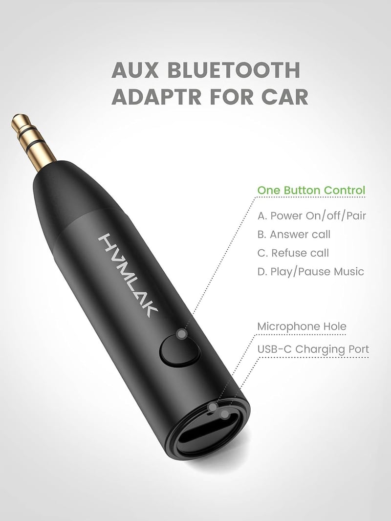 HVMLAK Bluetooth 5.3 AUX adapter autóba, erős mikrofonnal, fém burkolattal