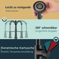 FORIOUS Fekete Konyhai Csaptelep Magas Ívű Kihúzható Zuhanyfejjel, 360° Forgatható 7