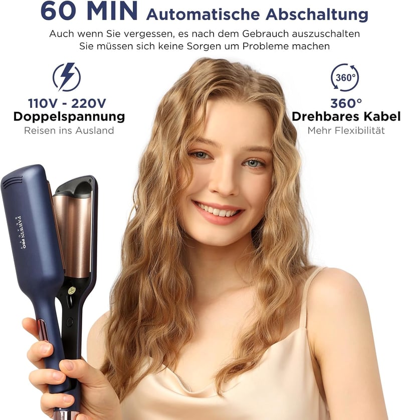 PARWIN PRO BEAUTY 32 mm-es Hableány Hajgöndörítő Vas - 4 Hőfokozatú Dupla Csöves Hullámosító Minden Hajtípushoz, Azúrkék