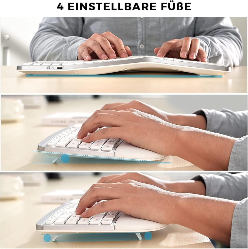 Seenda ergonomikus vezeték nélküli billentyűzet, USB-s, tenyértámasszal, Mac és Windows kompatibilis, német kiosztás, fehér-ezüst