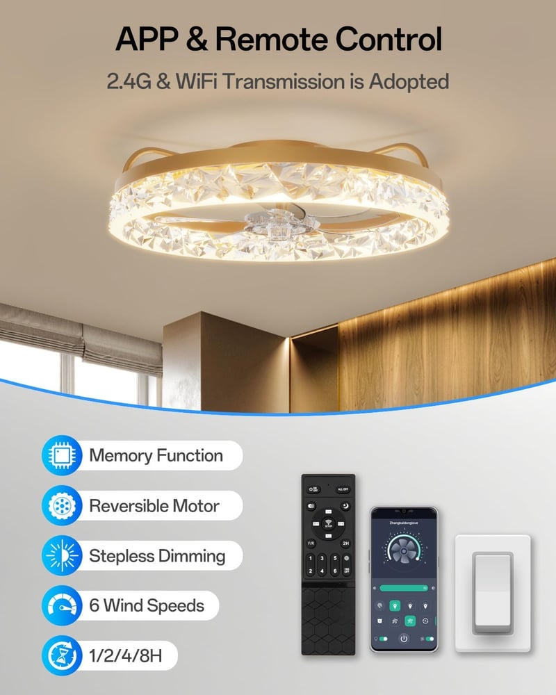 YUNLONG Modern Mennyezeti Ventilátor LED Világítással - Távirányítós, Csendes DC Motor, Arany, 5 Lapátos, Nyári-Téli Üzemmód, Fényerőszabály