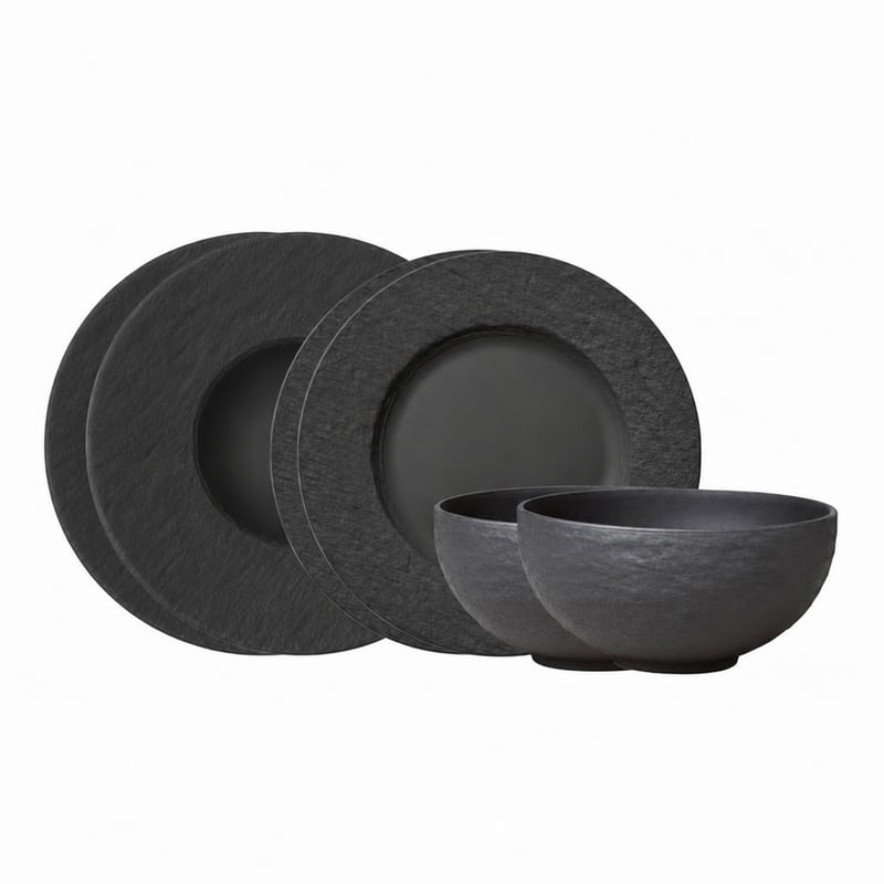 Set de masă Villeroy & Boch Manufacture Rock, 5 piese, porțelan gri cu aspect de ardezie, set de farfurii și boluri pentru cereale (incomplet, lipsește 1 bol pentru cereale — set de 5 piese)