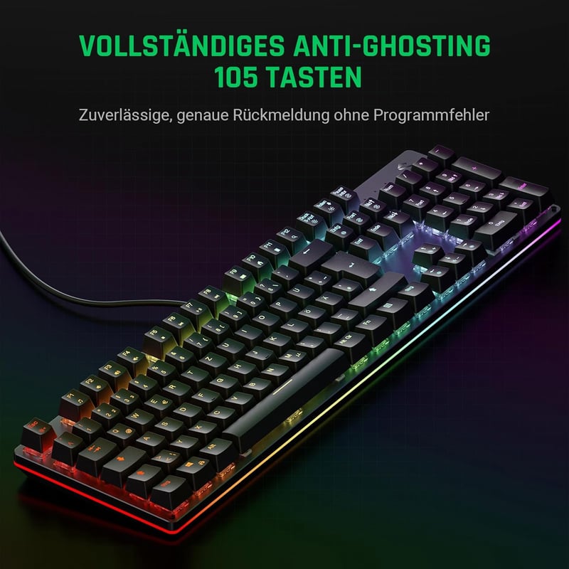 Black Shark RGB mechanikus gamer billentyűzet, kék kapcsolók, QWERTZ német kiosztás