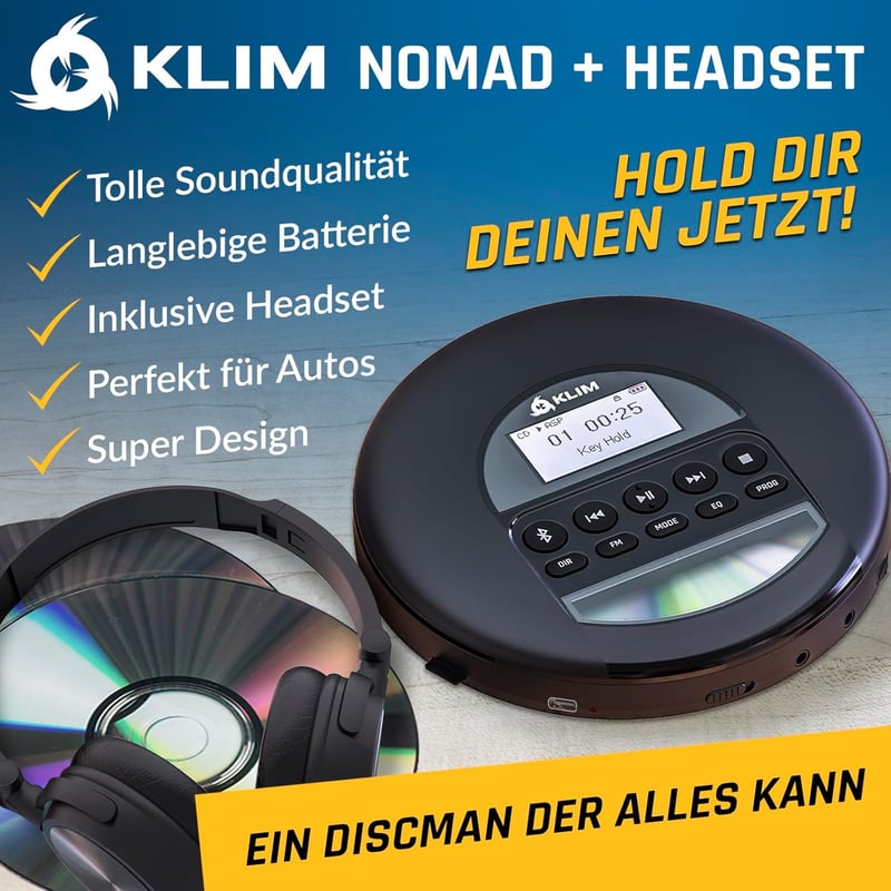 KLIM Nomad Hordozható CD Lejátszó Bluetooth - Hosszú Üzemidejű Akkumulátor, Fülhallgatóval, CD-R/RW/MP3, TF Kártyaolvasó, FM Rádió - Autóba 
