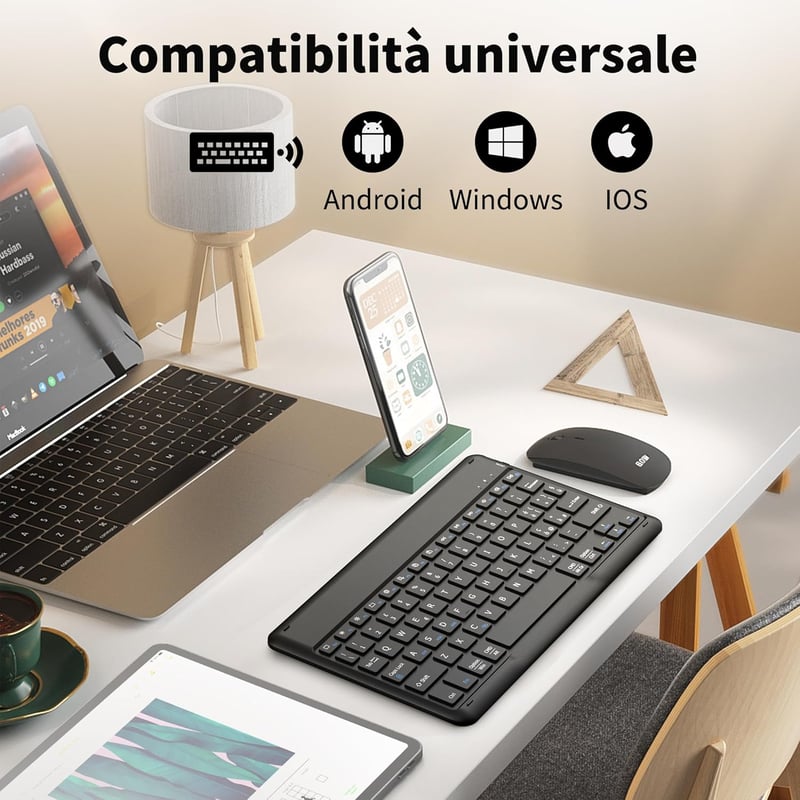 EasyAcc Bluetooth billentyűzet Windows/Android/iOS-hez, olasz kiosztás, 80cm USB-C kábel, fekete