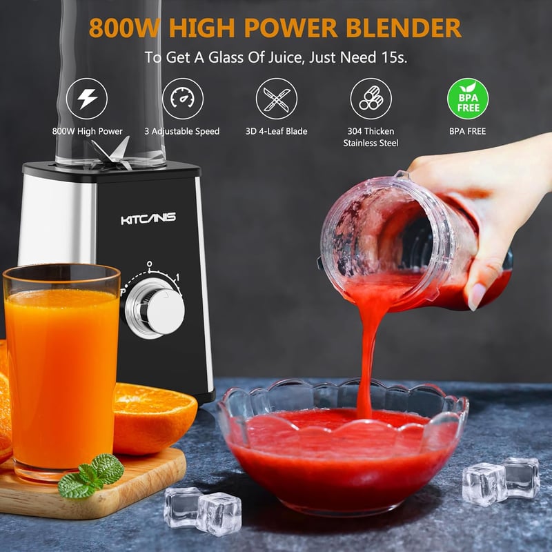 KitCanis 800W 3in1 Turmixgép Smoothie Készítő - 3 Sebességes, Hordozható Palackokkal