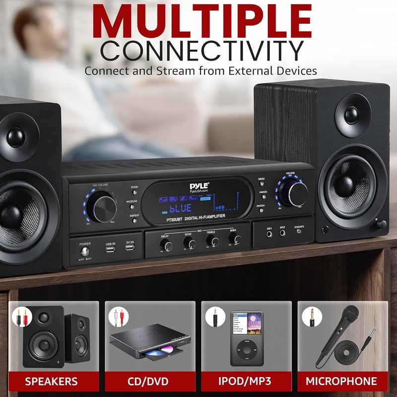 Pyle Bluetooth 5.3 Házimozi Erősítő - 2x30W Sztereó Rendszer MP3/USB/FM Támogatással, Visszhang/Mély/Magas Hangszabályzóval, Vezeték Nélküli
