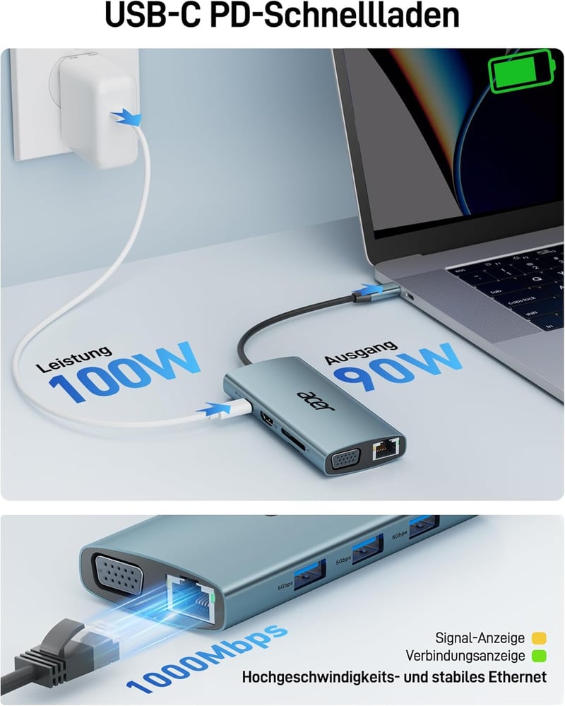 Acer 9-in-1 USB-C Hub Dokkoló, 4K HDMI, VGA, 3xUSB 3.0, Gigabit Ethernet, 100W PD, SD/TF Kártyaolvasó, Alumínium Adapter iPhone/MacBook/iPad
