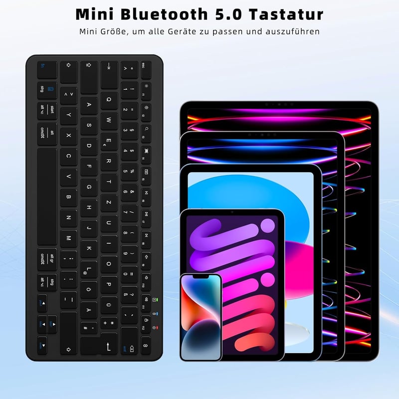 Qulose Vezeték Nélküli Bluetooth Billentyűzet - Újratölthető Mini Klaviatúra USB-C, Ultravékony Ergonomikus Dizájn, QWERTZ, Android/iOS/Wind