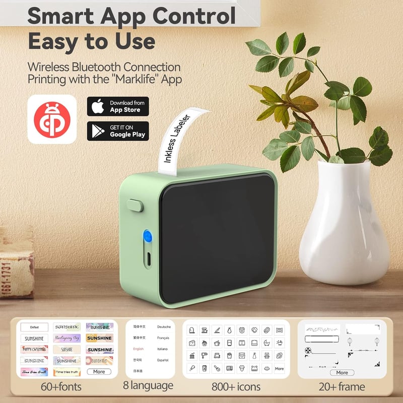 Pristar P15 Bluetooth címkenyomtató, öntapadós címkék, iOS Android, zöld
