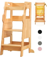 FUNLIO Tanulótorony 2 Éves Kortól Biztonsági Hálóval - 3 Szintes Állítható Montessori Konyhai Fellépő Gyerekeknek, Fenyőfából, Könnyen Össze 1