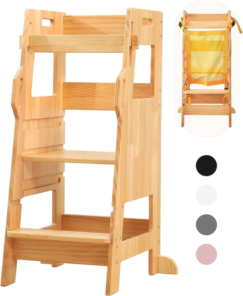 FUNLIO Tanulótorony 2 Éves Kortól Biztonsági Hálóval - 3 Szintes Állítható Montessori Konyhai Fellépő Gyerekeknek, Fenyőfából, Könnyen Össze