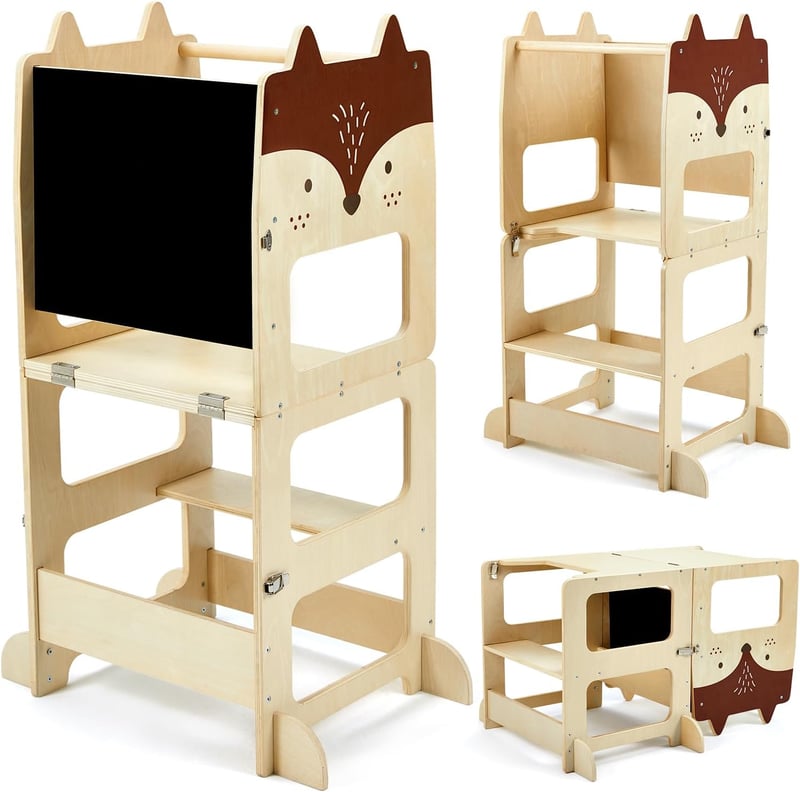 labebe Montessori Tanulótorony 1 Éves Kortól - Összecsukható Fa Konyhai Segítő Gyerekeknek, 3 az 1-ben Funkció Üzenőtáblával, Róka Mintás