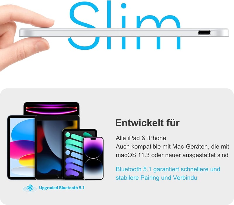 Emetok QWERTZ Bluetooth Billentyűzet iPad/iPhone Készülékekhez - Ultravékony, Újratölthető, Vezeték Nélküli Mini Billentyűzet, Fehér
