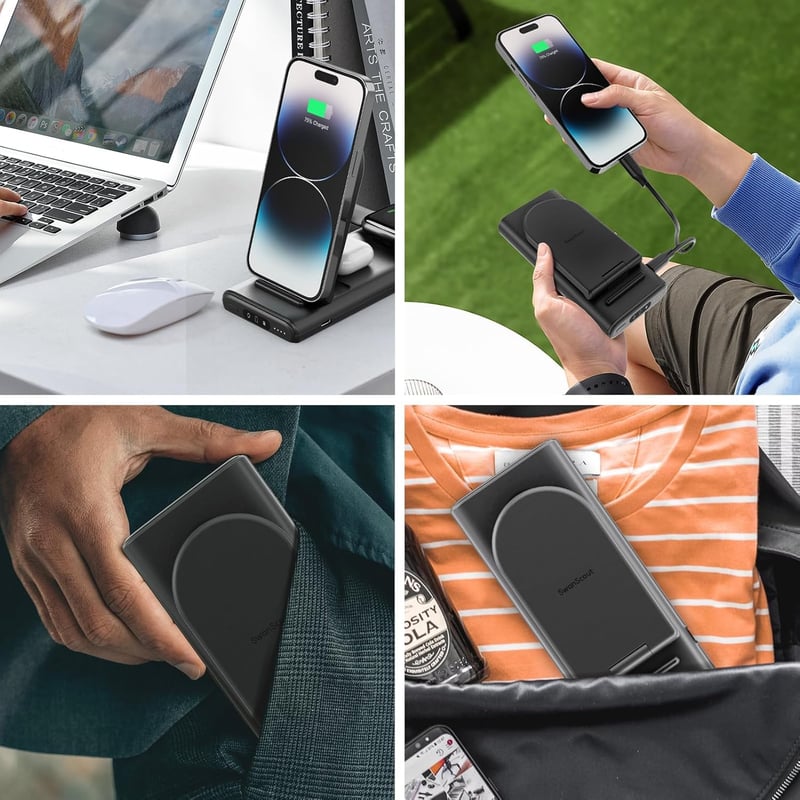 SwanScout 10000 mAh Összecsukható Vezeték Nélküli Töltőállomás iPhone és Apple Watch Készülékekhez
