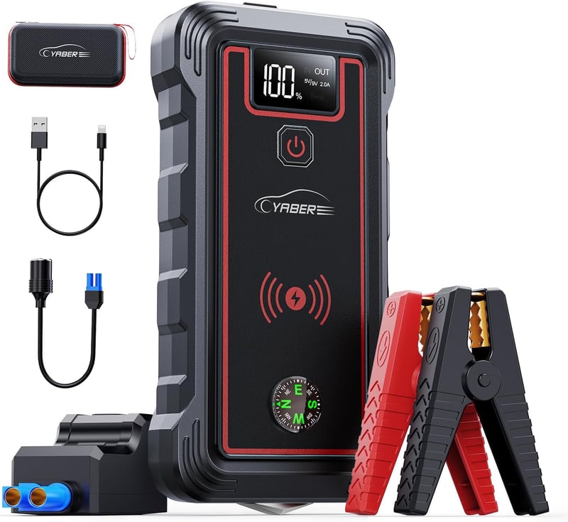 YABER YR800 Autós Bikázó Powerbank 5000A 23800mAh - 10W Vezeték Nélküli Töltő, LED Lámpa, LCD Kijelző, Benzin és 8.0L Dízel Motorokhoz