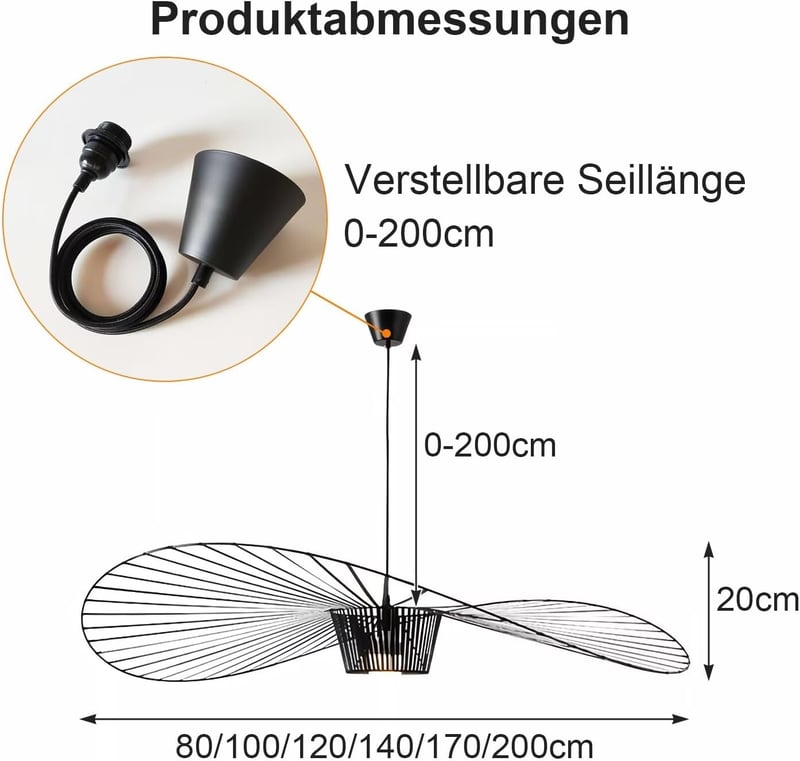 HRGKLMN Vertigo Függőlámpa - Állítható Magasságú Retro Szalmakalap Csillár, E27, 18W, 800 Lumen, Fekete, 100 cm, Nappali és Hálószoba Világí