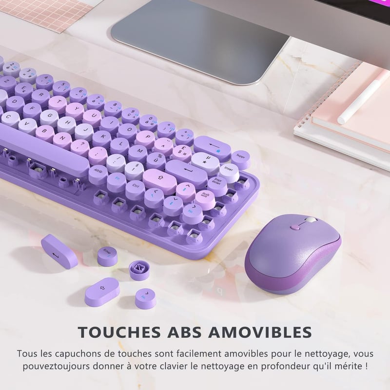 Retro lila AZERTY billentyűzet és egér szett - Vezeték nélküli, kompakt, csendes, USB/Type-C
