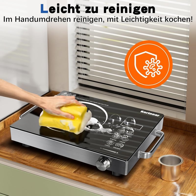 Karinear Hordozható Kerámia Főzőlap Fogantyúval - 2000W Elektromos Egyzónás Tűzhely, Időzítővel, Gyerekzárral, 650°C, Üvegkerámia Felület