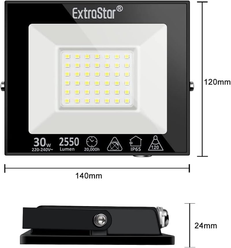 Extrastar LED Kültéri Reflektor 30W - IP65 Vízálló Biztonsági Világítás, 2550lm, 6500K Hideg Fehér, Kertbe, Teraszra (2 db)