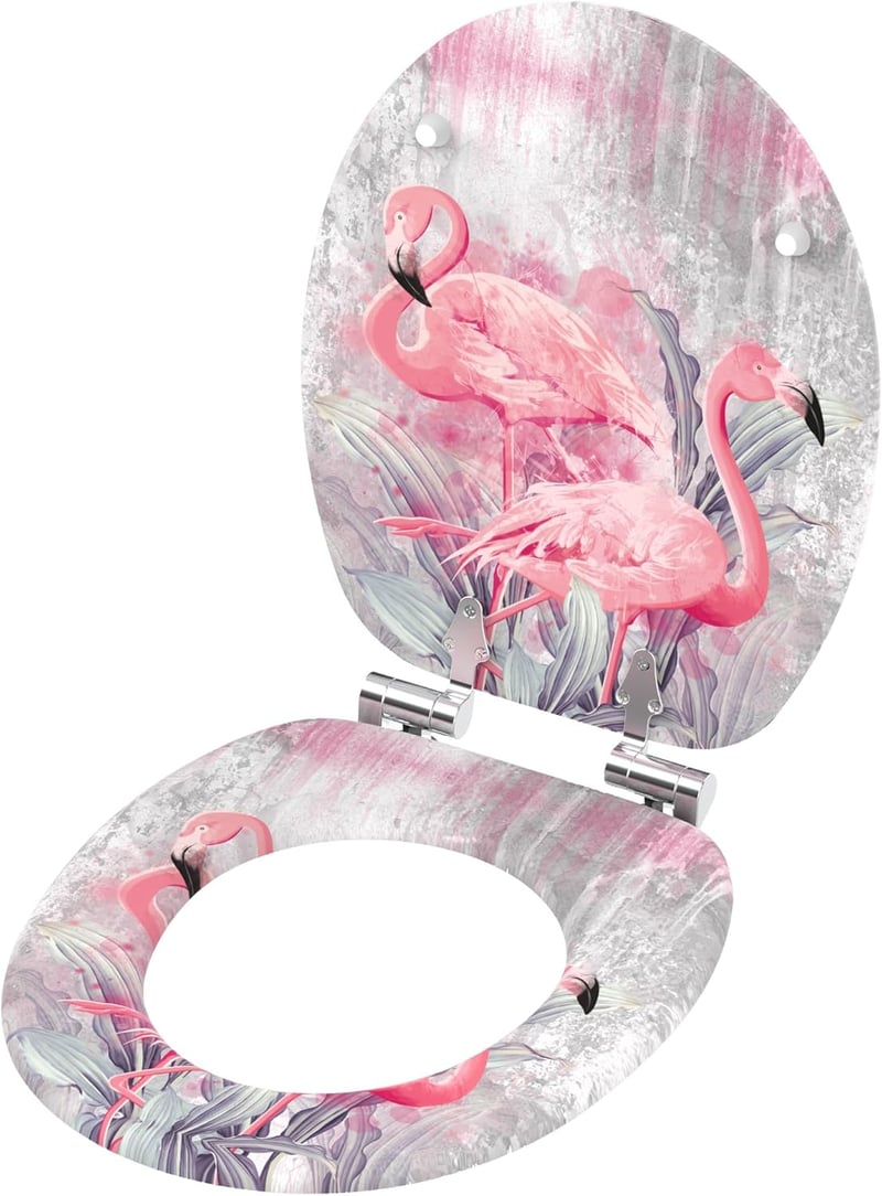 Sanilo Flamingo 2 WC Ülőke Lassú Záródással - Fa Anyagú, Könnyen Szerelhető, Strapabíró Zsanérokkal, Flamingó Mintás Toalett Fedél
