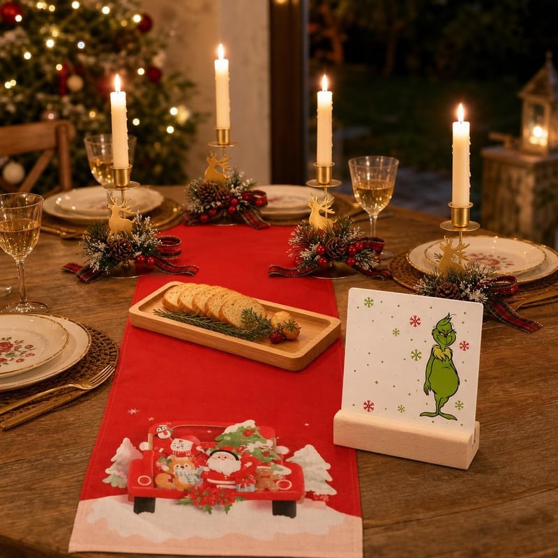 Grinch blagdanski set: dekoracija + nadstolnjak + 4x svijećnjak jelen + pladanj