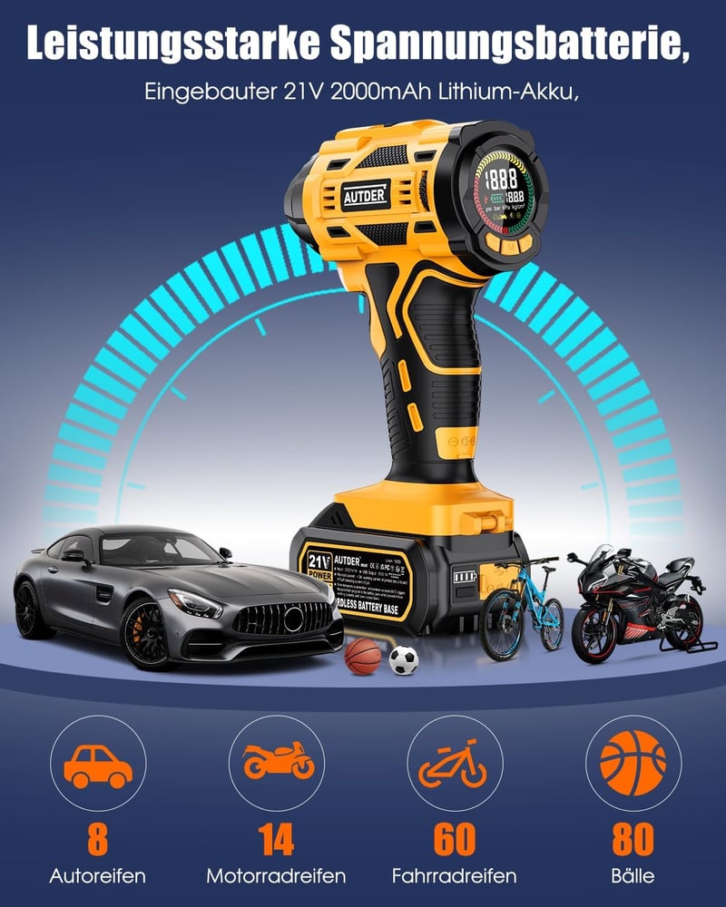 AUTDER Akkumulátoros Légkompresszor 180 PSI - Hordozható Autó Pumpa 21V Újratölthető Akkuval és 12V Szivargyújtó Adapterrel, Digitális Kijel