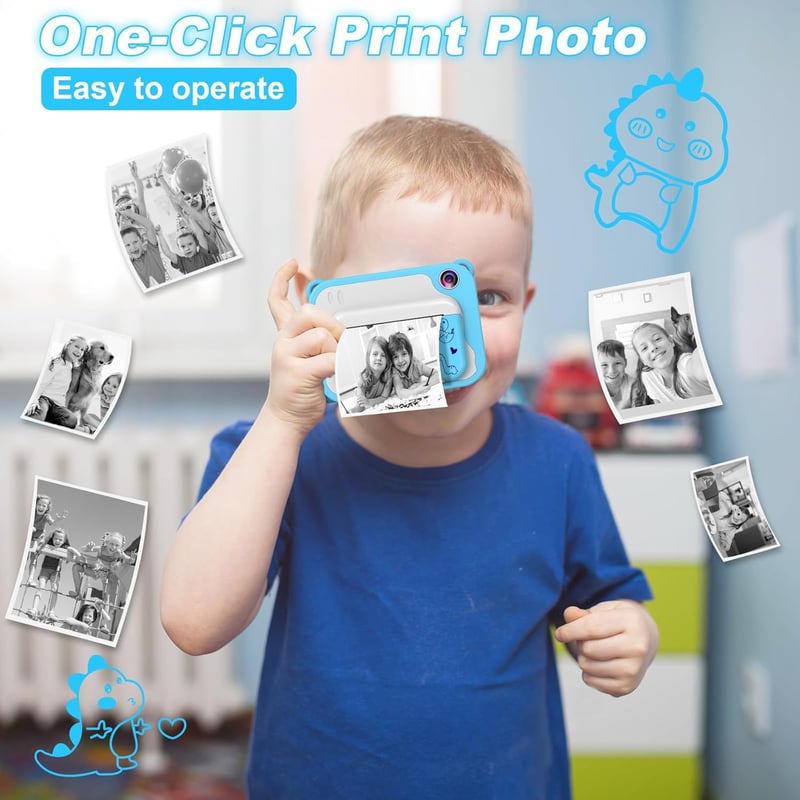 Ukuu 2,4" Gyerek Polaroid Kamera, 32GB, Nyomtatópapírral, Kék - Karácsonyi Ajándék