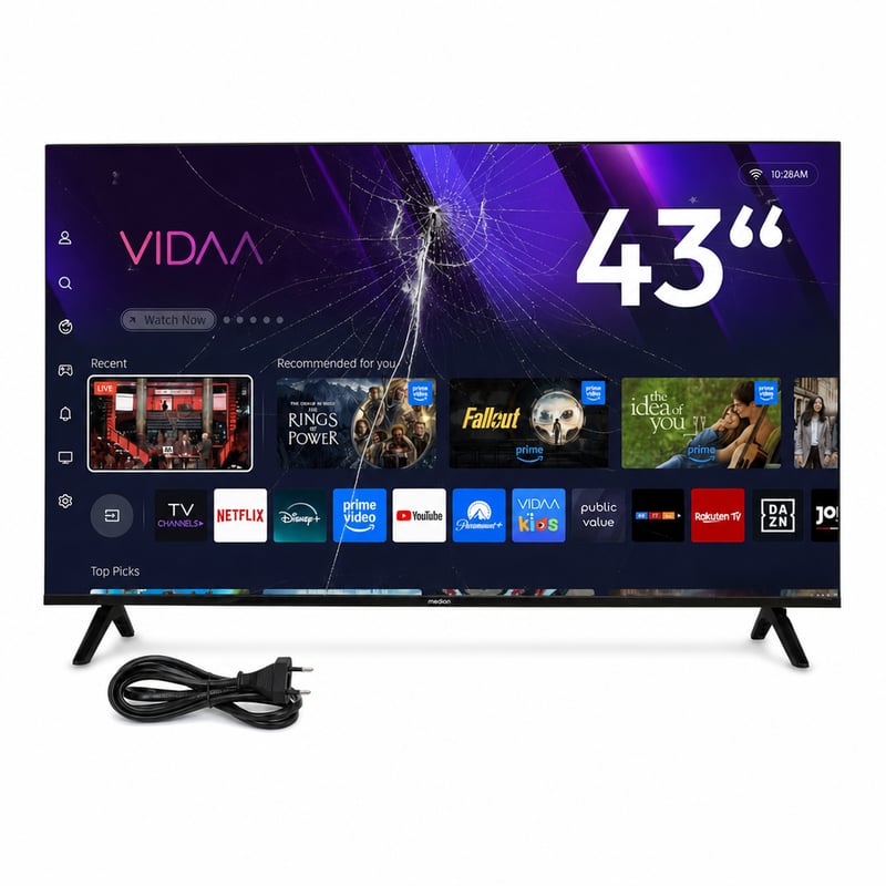 Televizor Smart 4K QLED Medion MD 843601, 43 inchi (108 cm), Dolby Vision HDR — defect, funcționează parțial: ecran spart (stare: vezi imaginea 2)