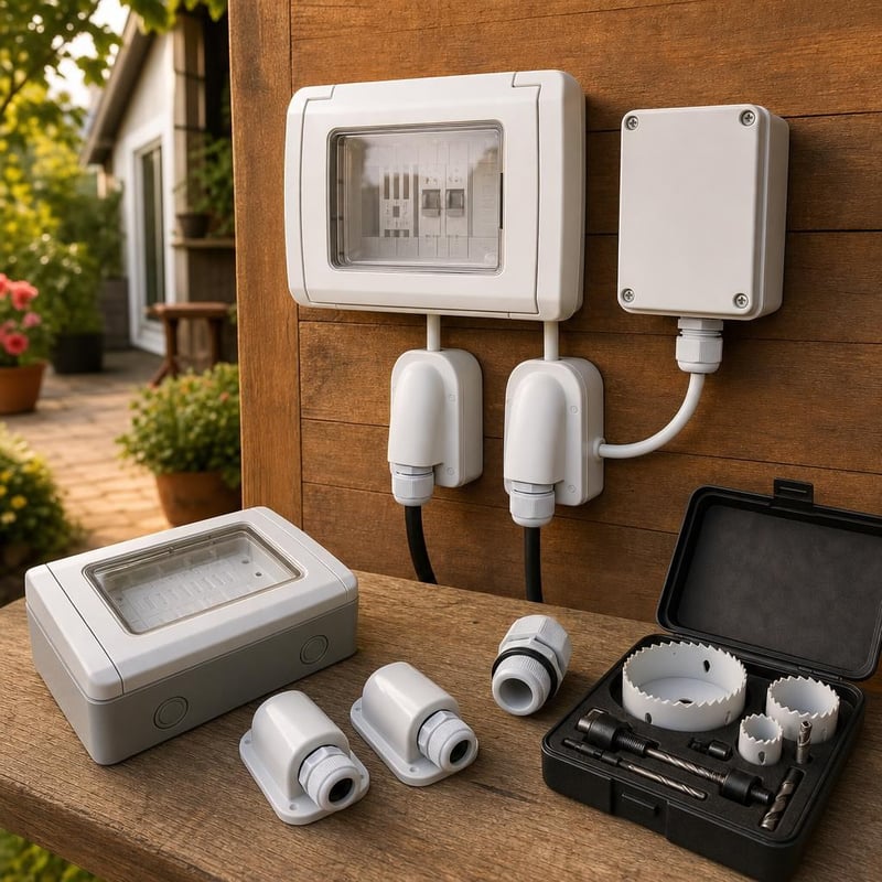 Sada vonkajších elektroboxov: 1x kryt IP55 + 1x box IP66 + 2x priechodka IP68 + 1x konektor IP68 + vrták