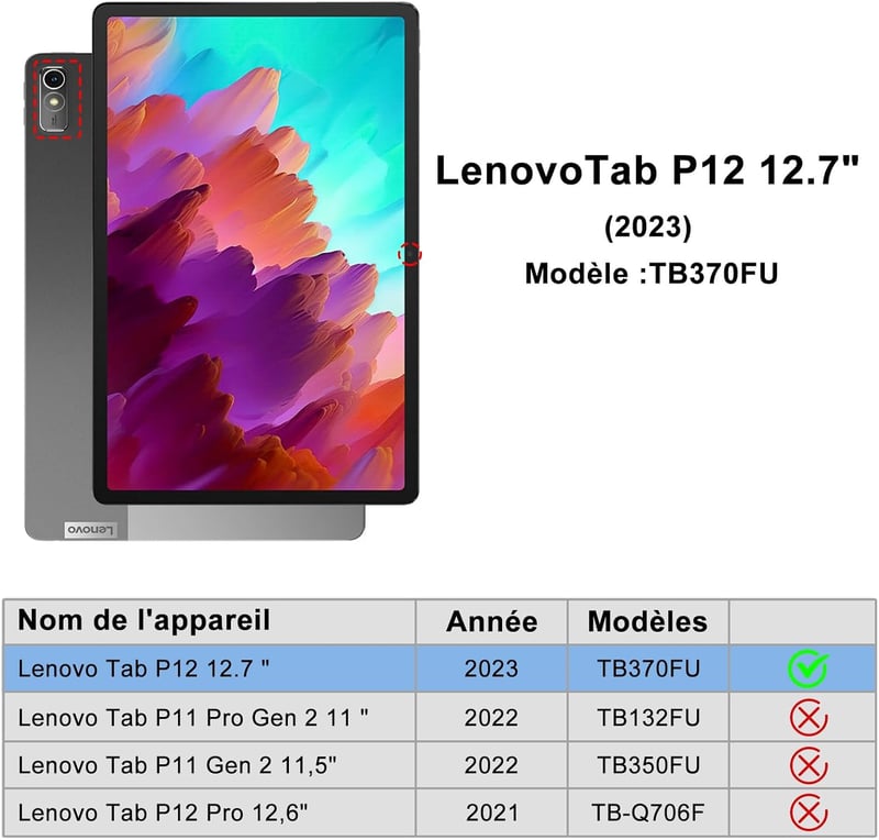 FARYODI billentyűzet Lenovo Tab P12 12.7 hüvelykes (2023) táblagéphez – 7 színű háttérvilágítással, levehető vezeték nélküli Bluetooth billentyűzet francia AZERTY kiosztással, fekete – kompatibilis a Lenovo Tab P12 12.7" 3K (TB371FC)