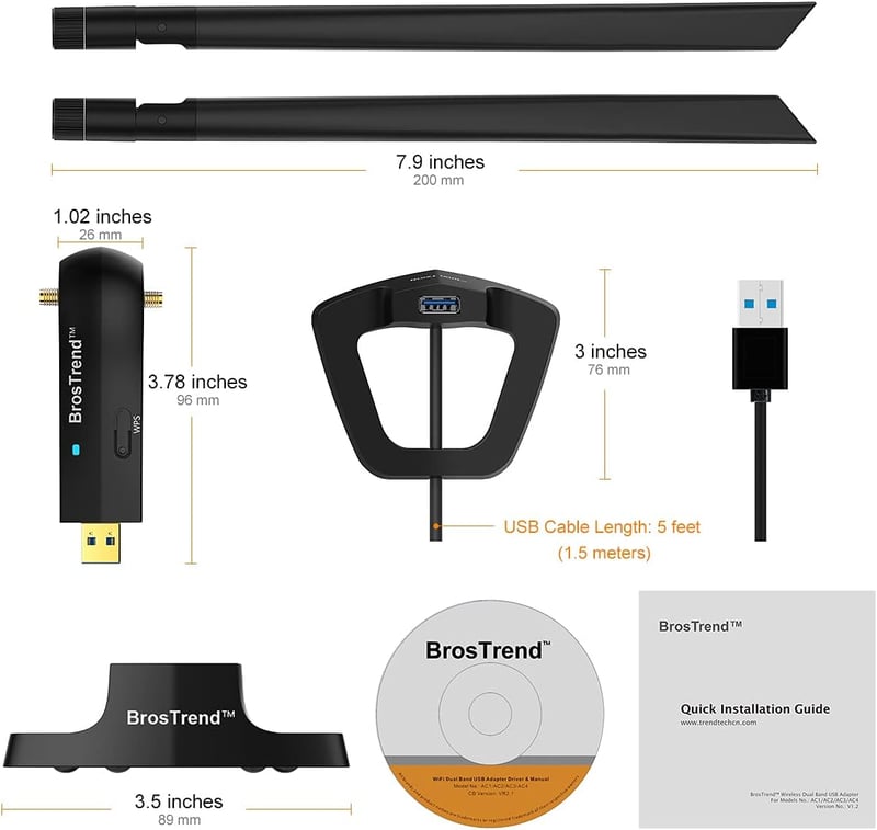 BrosTrend 1200Mbps WiFi adapter PC-hez, dupla sávos USB antenna Windows 11/10 kompatibilis