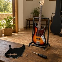 Koncertkész basszuscsomag: 5 húros J Bass pickguard + 3 állású összecsukható gitártartó 1