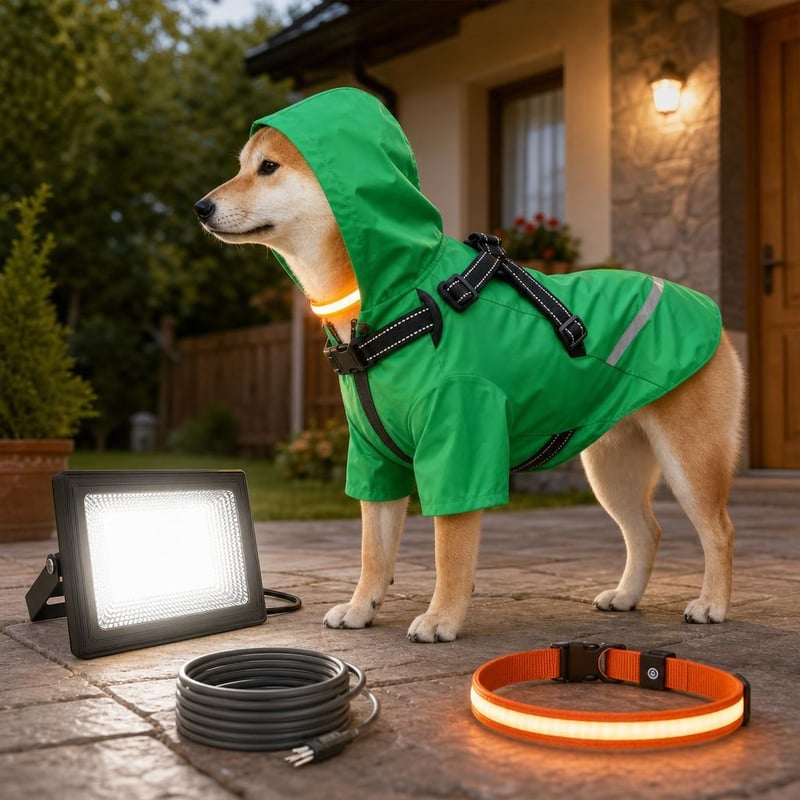 Holdfényes kutyaséta: LED kutyanyakörv L + XL reflektív esőkabát + kültéri reflektor + USB kábel