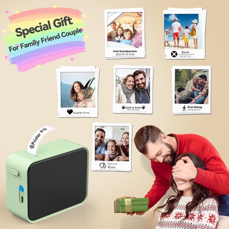 Pristar P15 Bluetooth címkenyomtató, öntapadós címkék, iOS Android, zöld